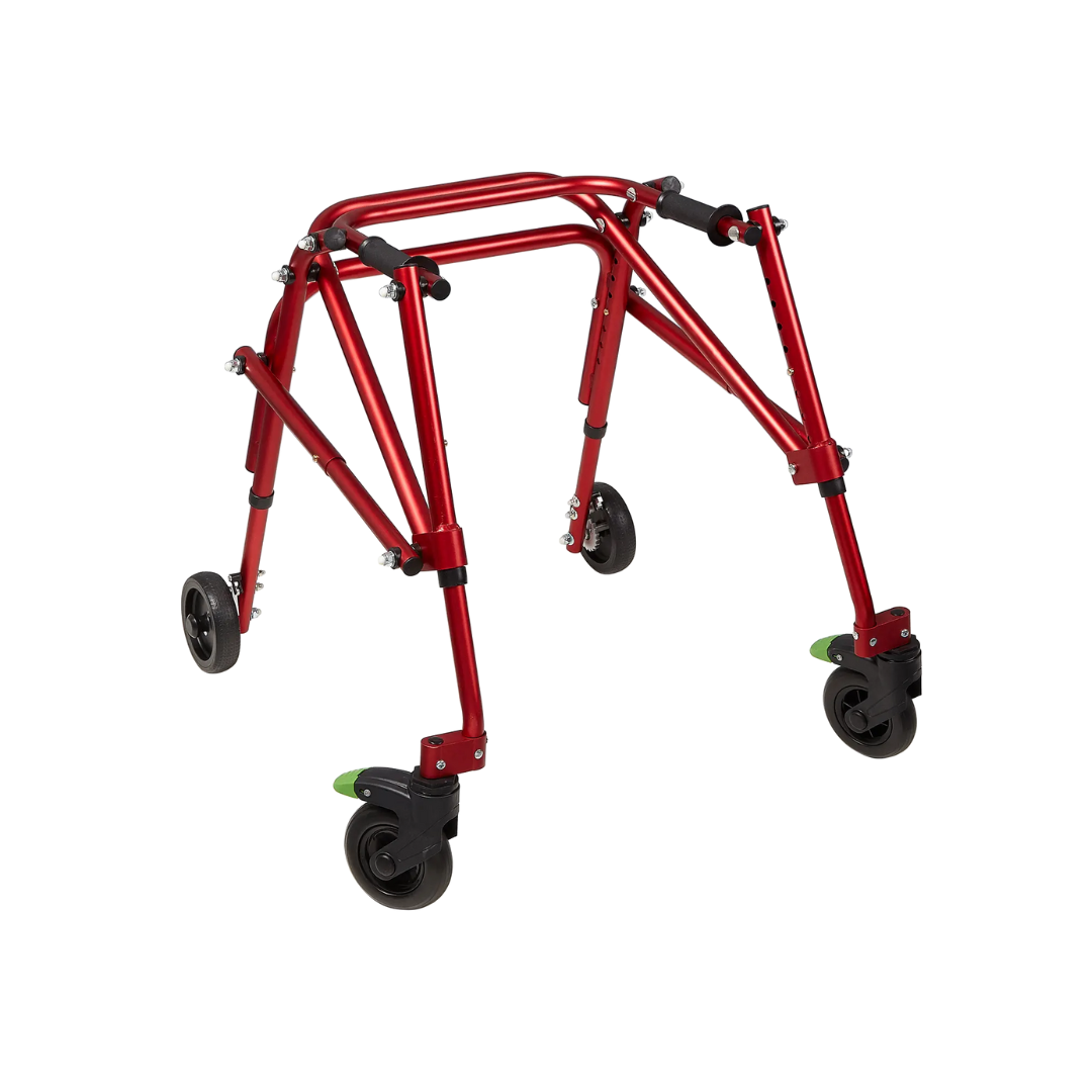 The Circle Specialty Klip Pediatric Posterior Walker is a red, lightweight folding walker with four black wheels for mobility assistance, shown against a white background.